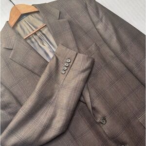 Ralph Lauren Mens Plaid Blazer 42R Silk Wool Windowpane Brown Jacket Sport Coat